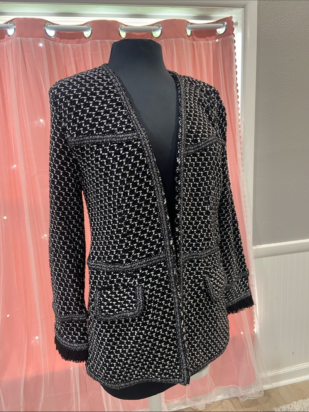 NIC+ZOE Black and White Tweed Open-Front Jacket size PL